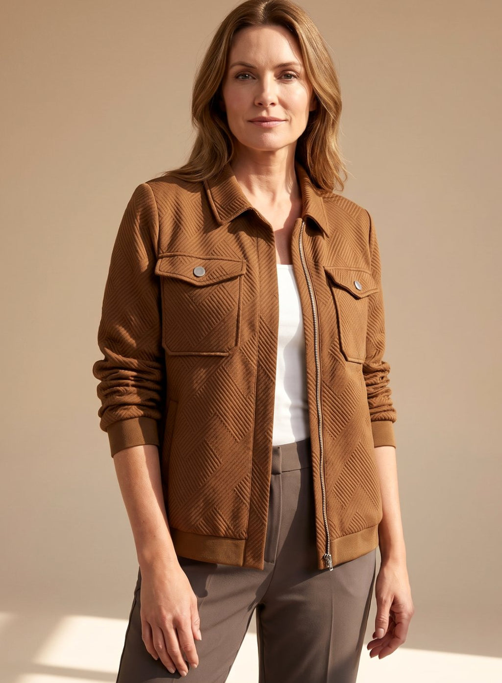 Women's Hip-Length Diamond-Texture Bomber with Press-Stud Pockets - Coffee Brown