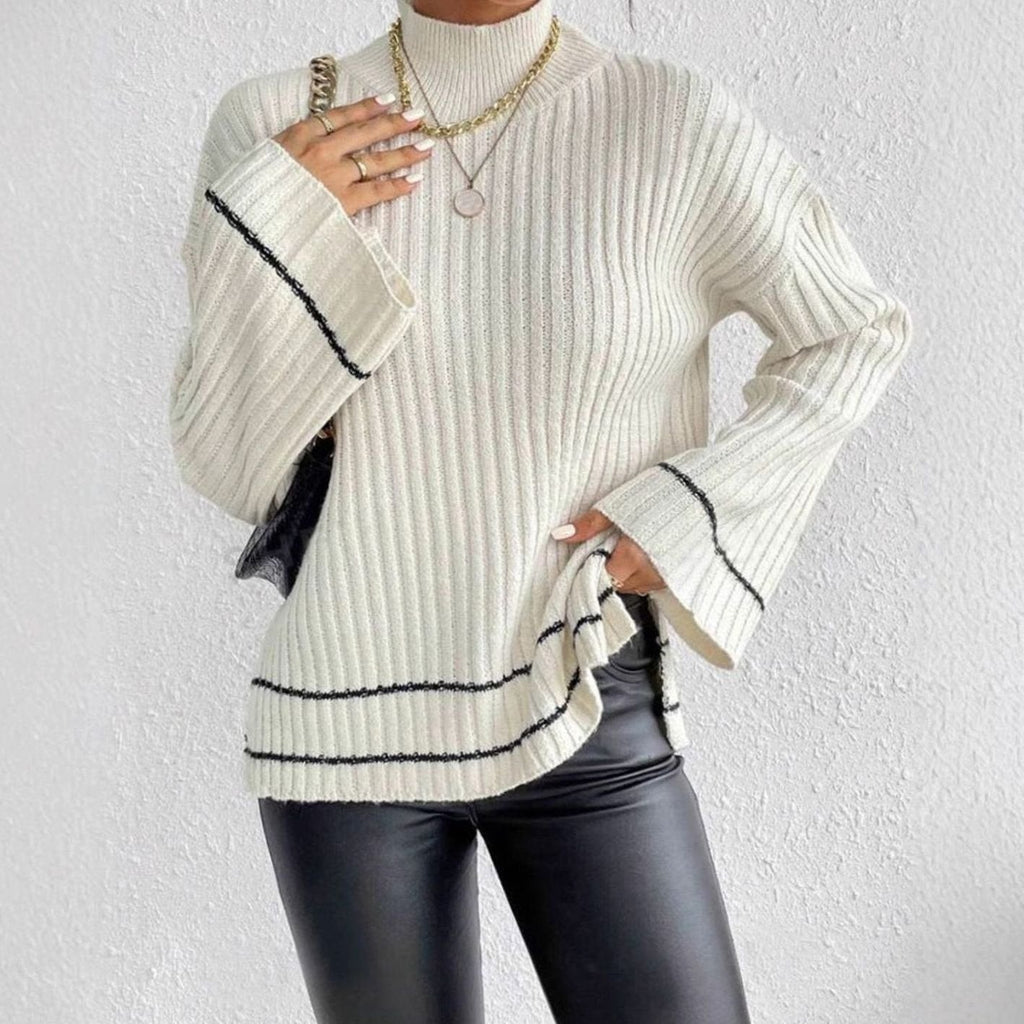 Women's Stripe-Cuff Bell-Sleeve Mock Neck Jumper