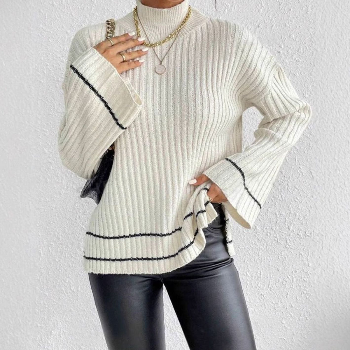 Women's Stripe-Cuff Bell-Sleeve Mock Neck Jumper