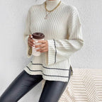 Women's Stripe-Cuff Bell-Sleeve Mock Neck Jumper