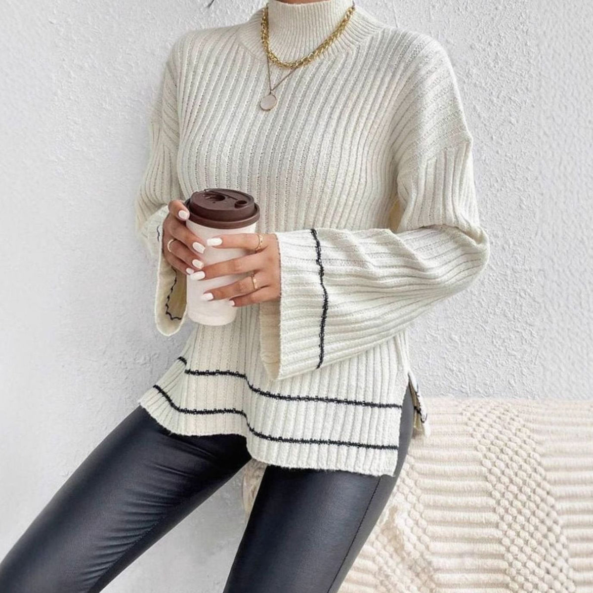 Women's Stripe-Cuff Bell-Sleeve Mock Neck Jumper