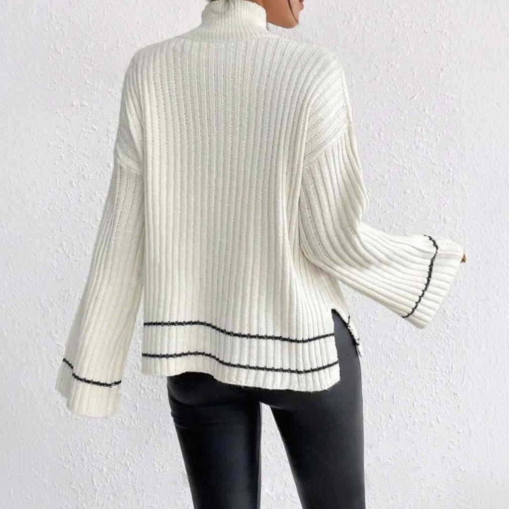 Women's Stripe-Cuff Bell-Sleeve Mock Neck Jumper