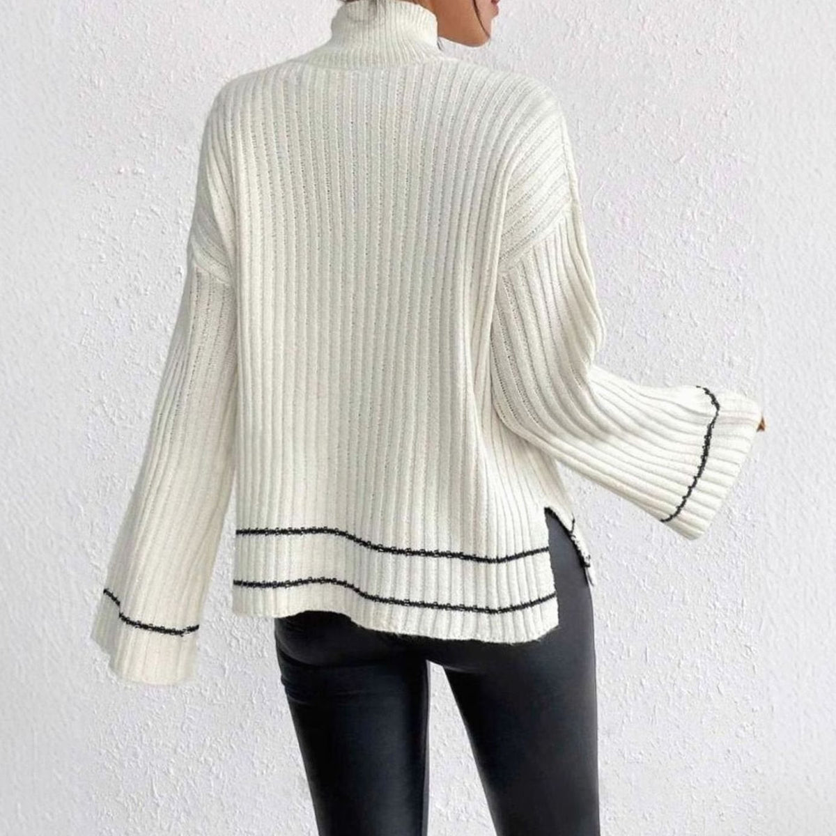 Women's Stripe-Cuff Bell-Sleeve Mock Neck Jumper