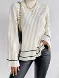 Women's Stripe-Cuff Bell-Sleeve Mock Neck Jumper - White
