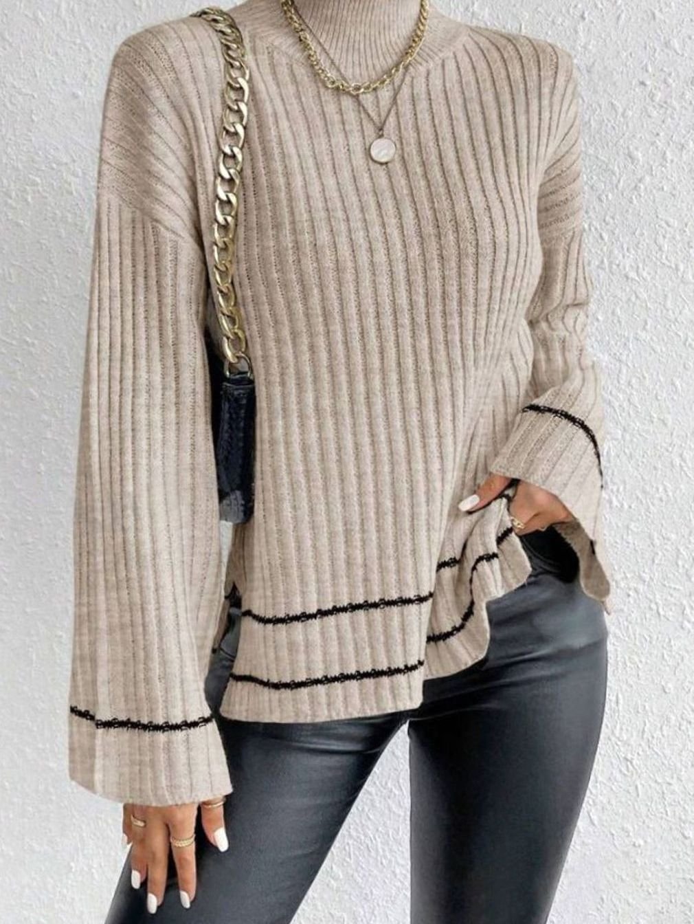 Women's Stripe-Cuff Bell-Sleeve Mock Neck Jumper - Apricot