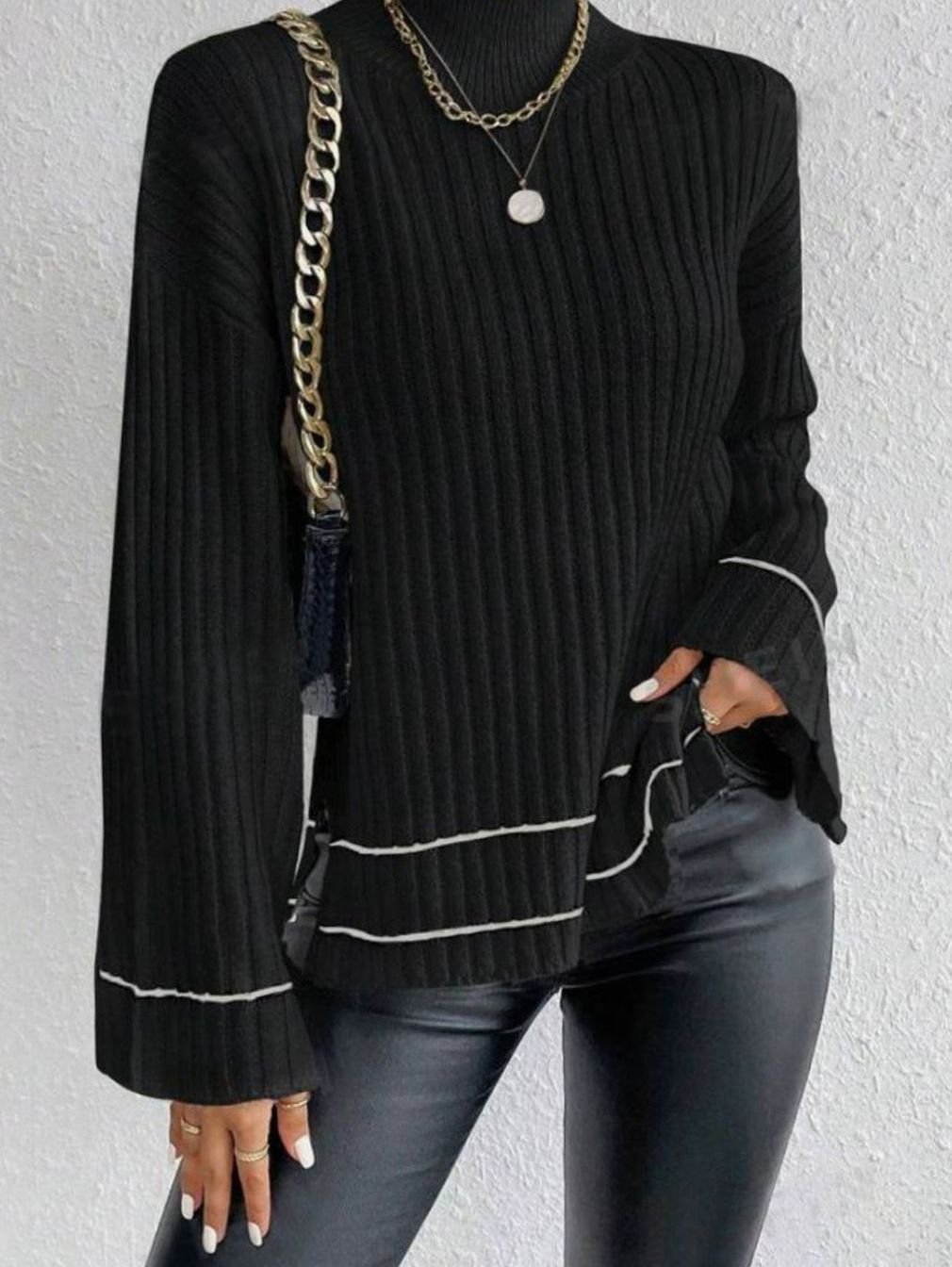 Women's Stripe-Cuff Bell-Sleeve Mock Neck Jumper - Black