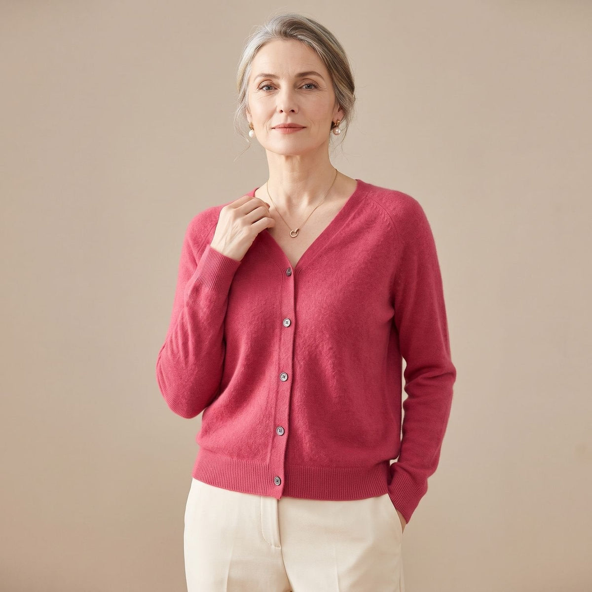Women's V-Neck Light Knit Cardigan for Office and Weekends - Dark Pink