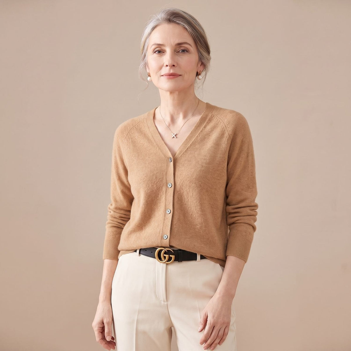 Women's V-Neck Light Knit Cardigan for Office and Weekends - Light Brown