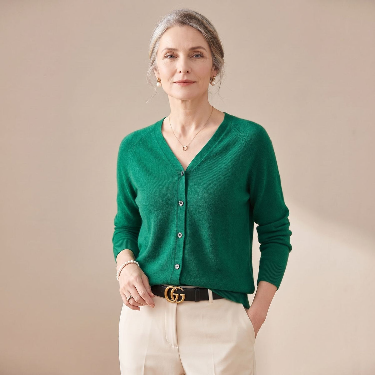 Women's V-Neck Light Knit Cardigan for Office and Weekends - Dark Green