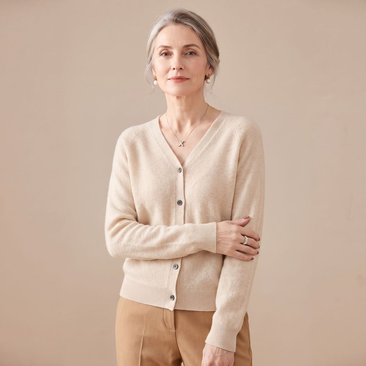 Women's V-Neck Light Knit Cardigan for Office and Weekends - Khaki