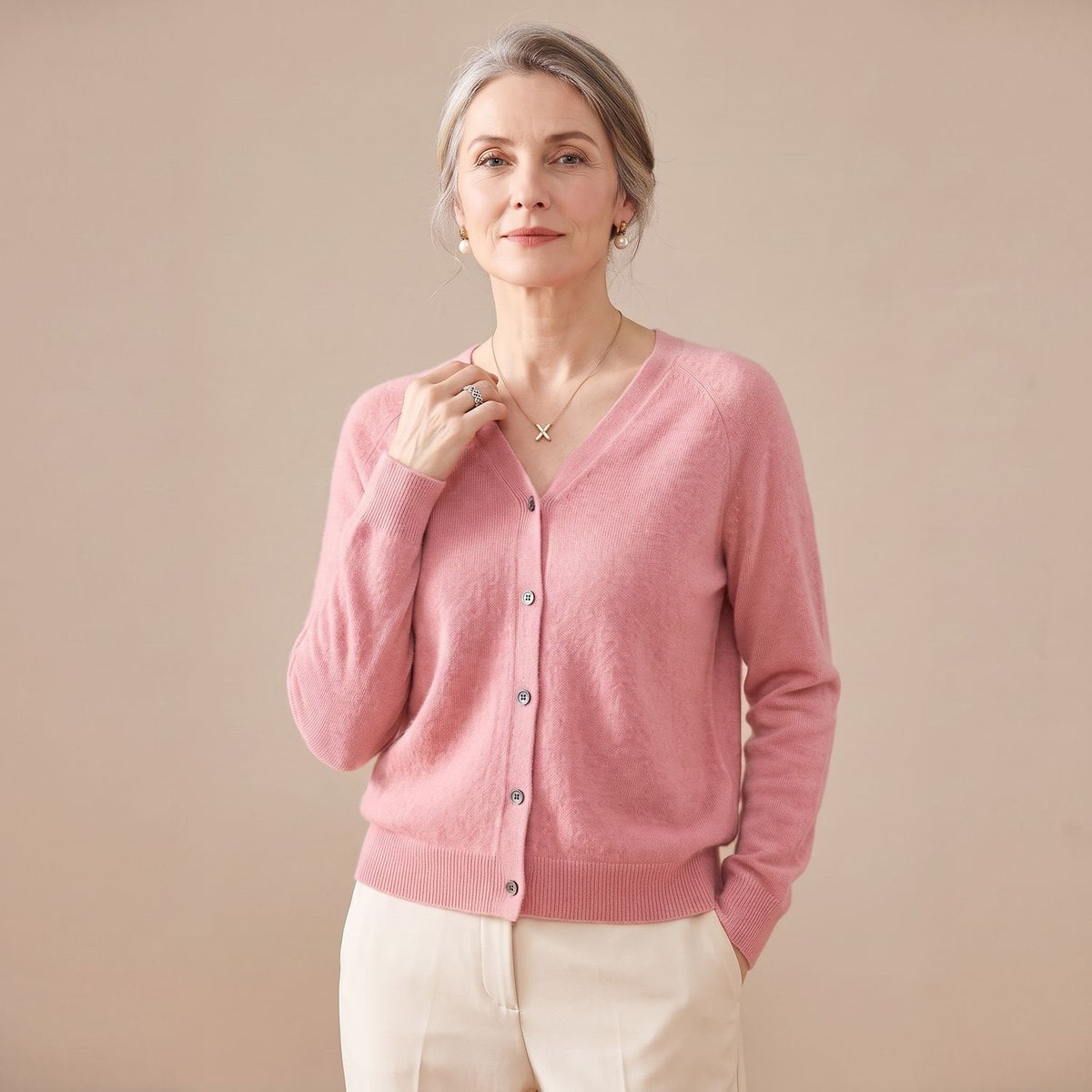 Women's V-Neck Light Knit Cardigan for Office and Weekends - Light Pink