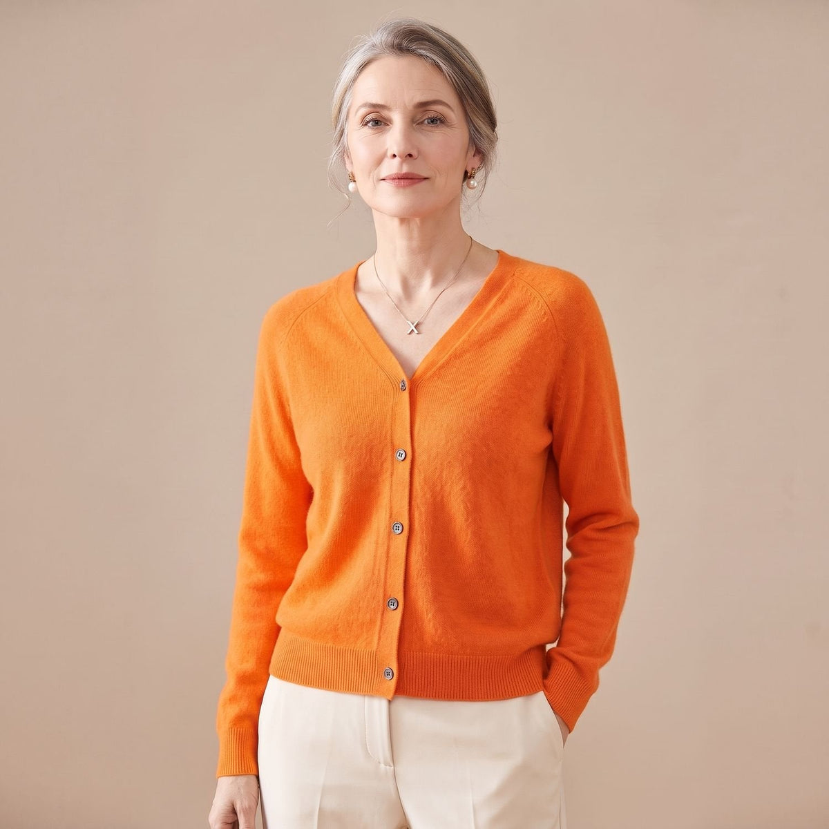 Women's V-Neck Light Knit Cardigan for Office and Weekends - Orange
