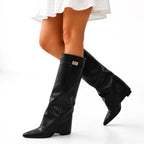 Women's Polished Vegan Leather Pointed Boots with Buckle Trim - Black