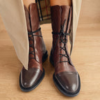 Women's Retro-Inspired Lace-Front Boots with Removable Insole - Brown