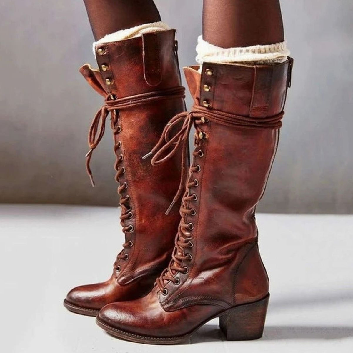 Women's Distressed-Look Lace-Up Tall Boots with Stacked Block Heel - Reddish Brown