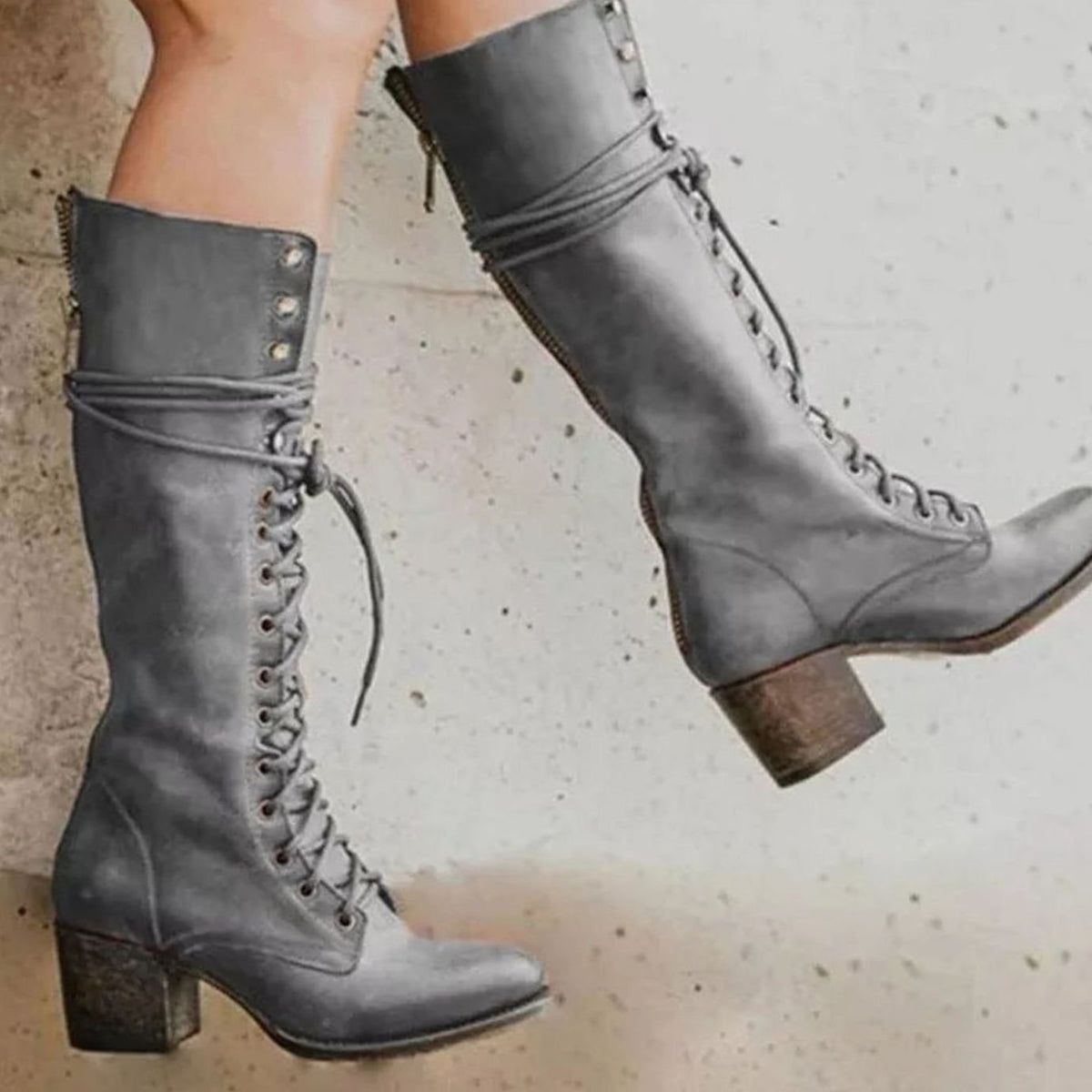 Women's Distressed-Look Lace-Up Tall Boots with Stacked Block Heel - Grey