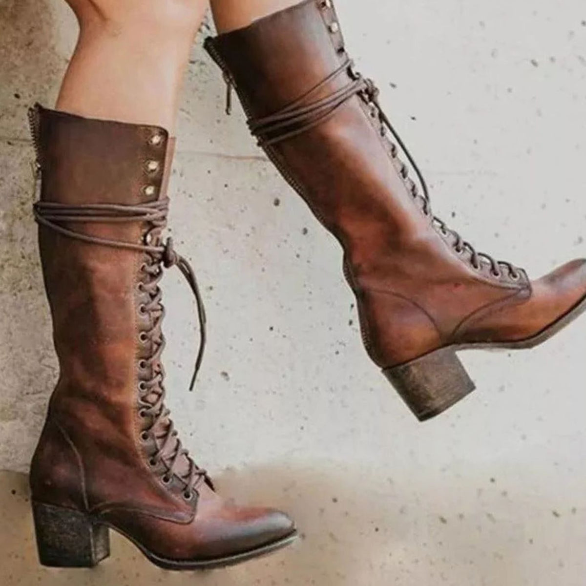 Women's Distressed-Look Lace-Up Tall Boots with Stacked Block Heel - Brown