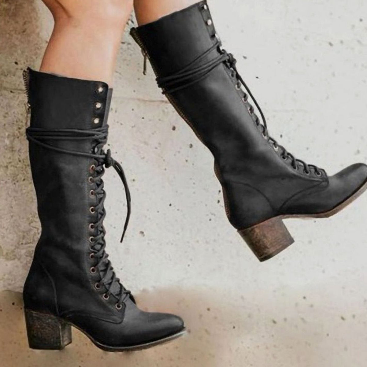 Women's Distressed-Look Lace-Up Tall Boots with Stacked Block Heel - Black