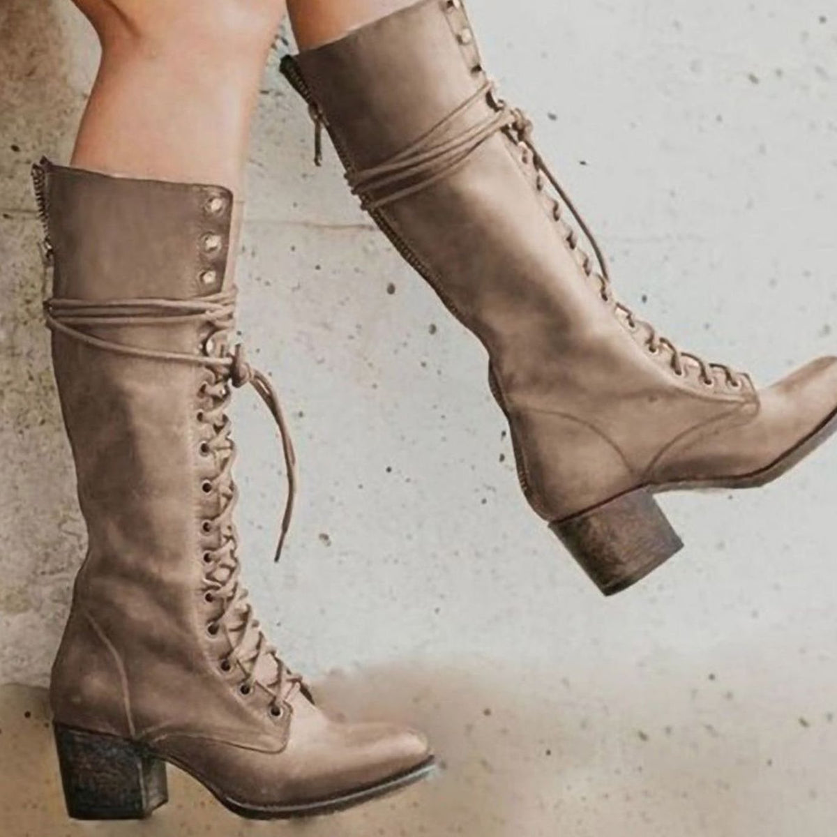 Women's Distressed-Look Lace-Up Tall Boots with Stacked Block Heel - Khaki