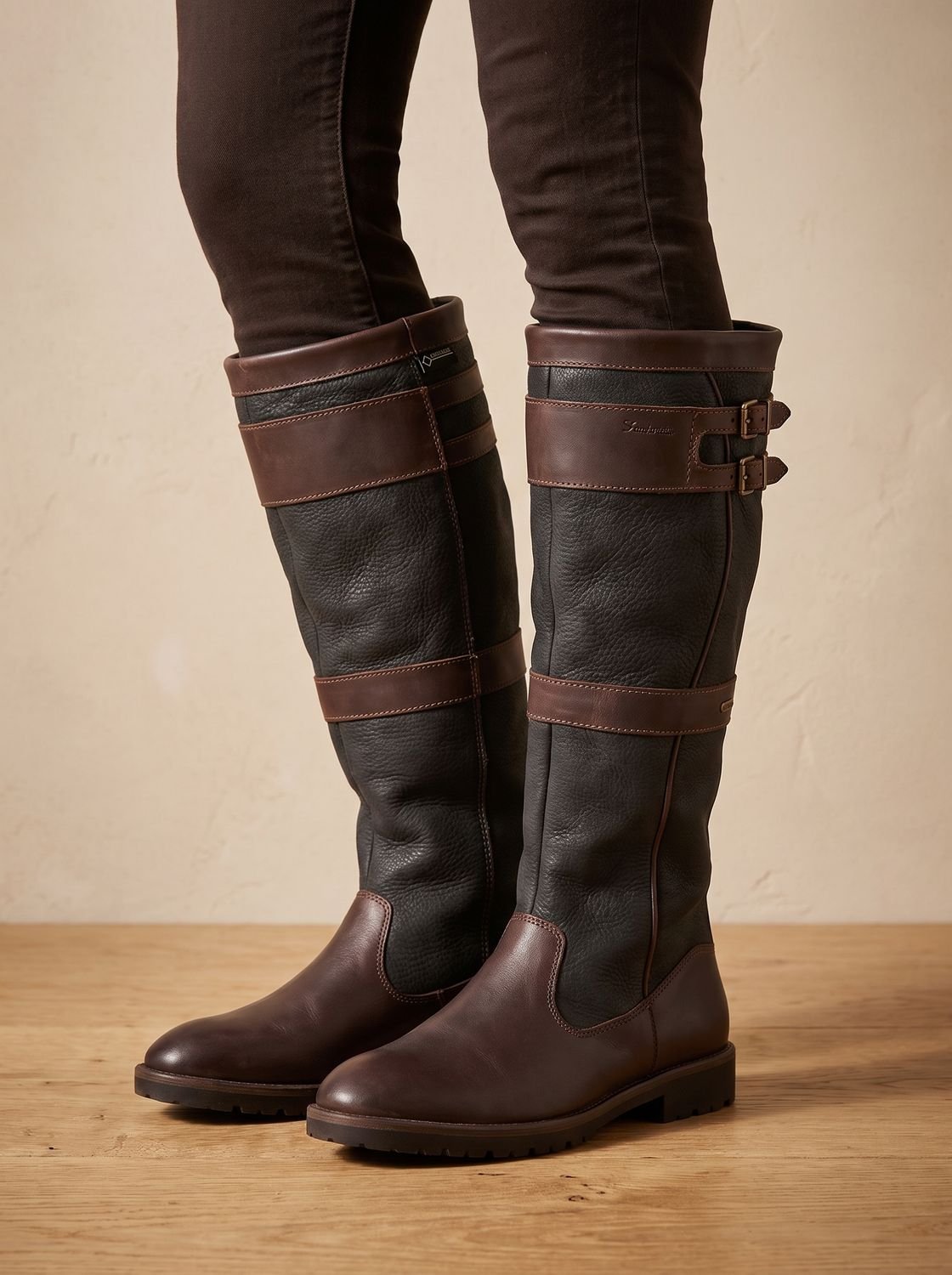 Women's Pull-On Waterproof Country Boots with Double Ankle Straps - Coffee