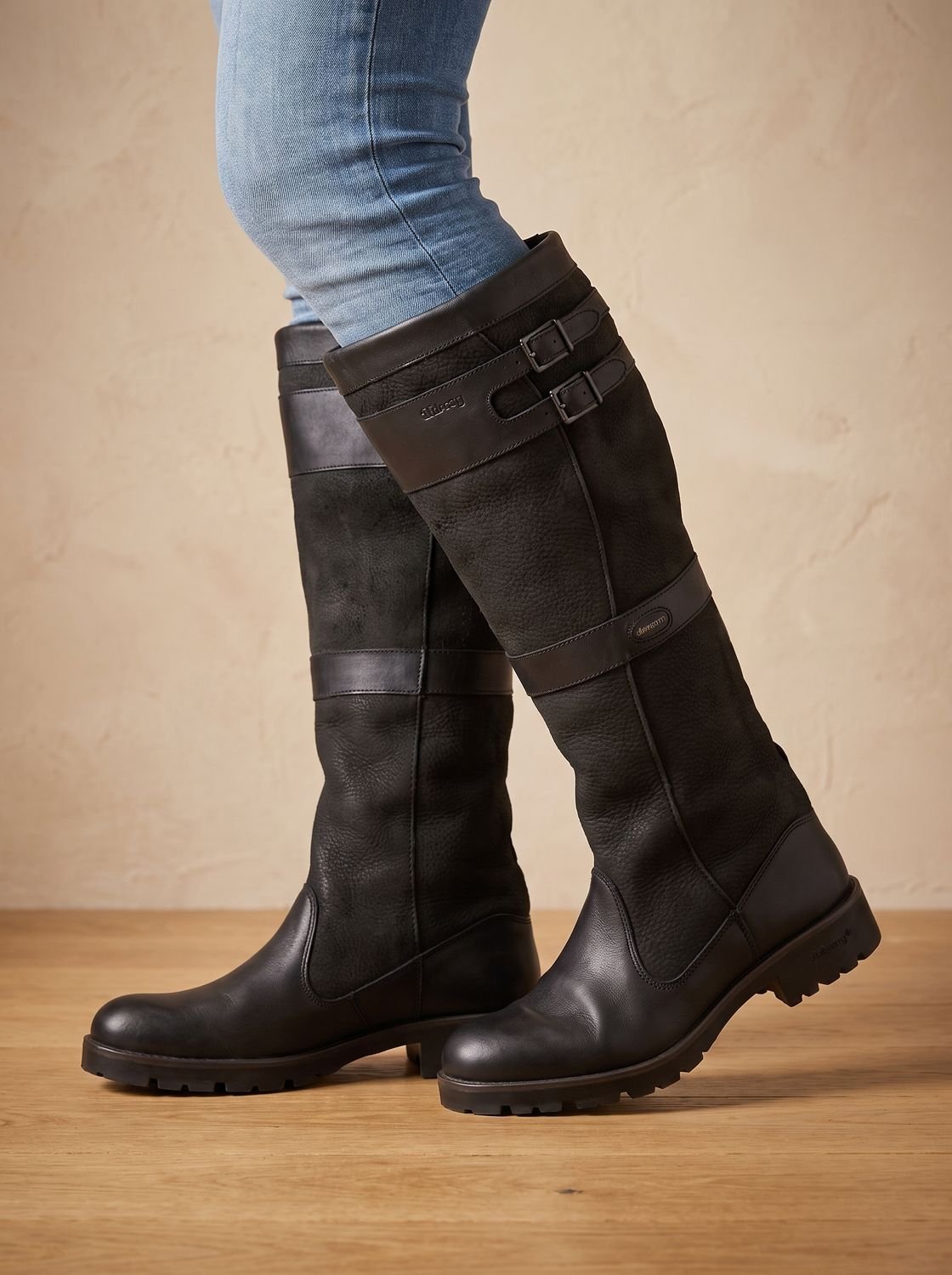 Women's Pull-On Waterproof Country Boots with Double Ankle Straps - Black