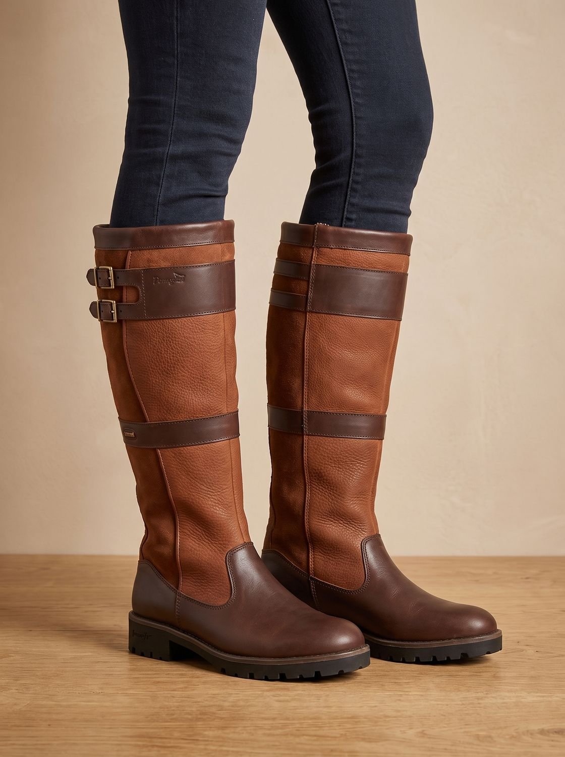 Women's Pull-On Waterproof Country Boots with Double Ankle Straps - Brown