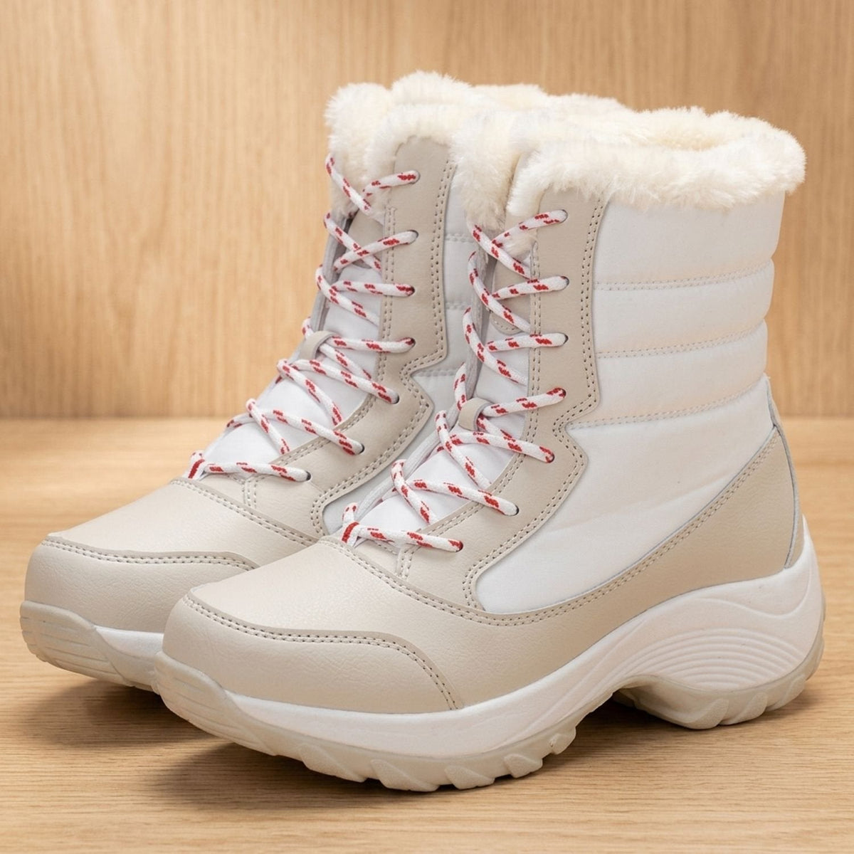Women's Mid-Calf Lace-Up Winter Boots with Faux Fur Collar - Beige