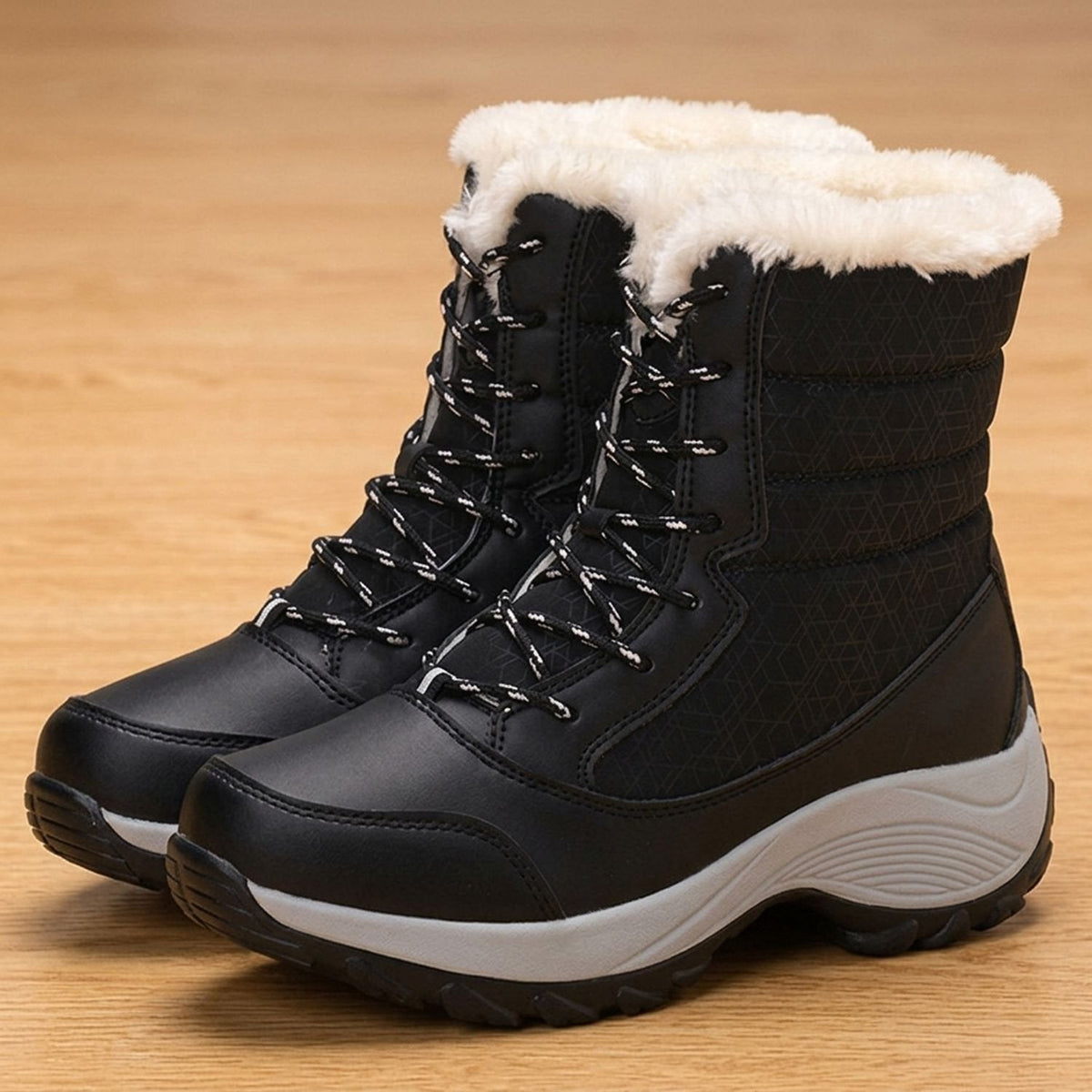 Women's Mid-Calf Lace-Up Winter Boots with Faux Fur Collar - Black