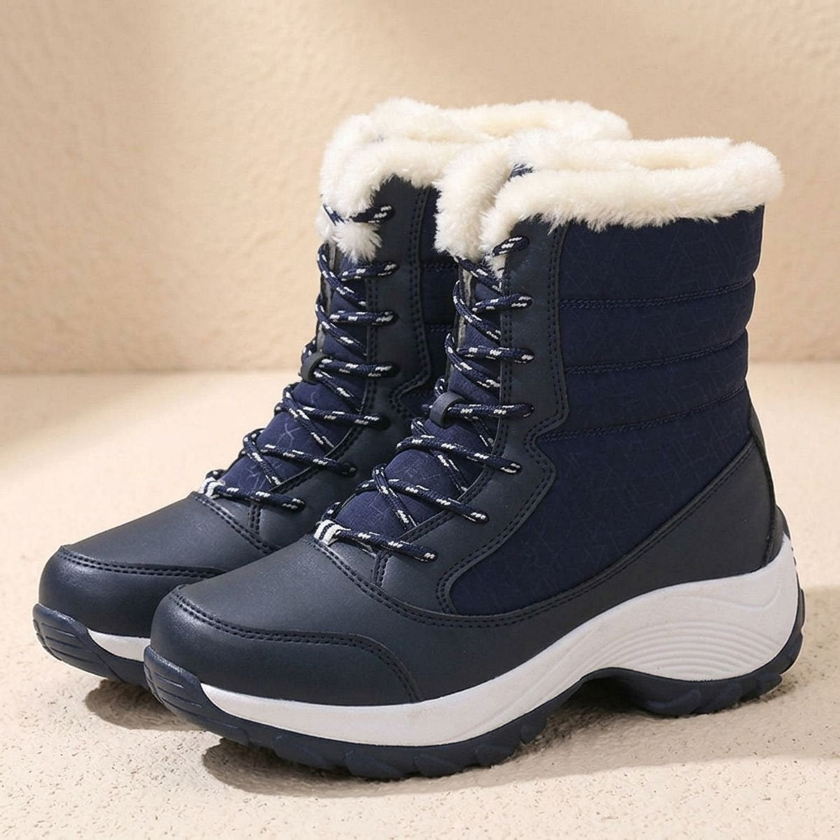 Women's Mid-Calf Lace-Up Winter Boots with Faux Fur Collar - Navy Blue