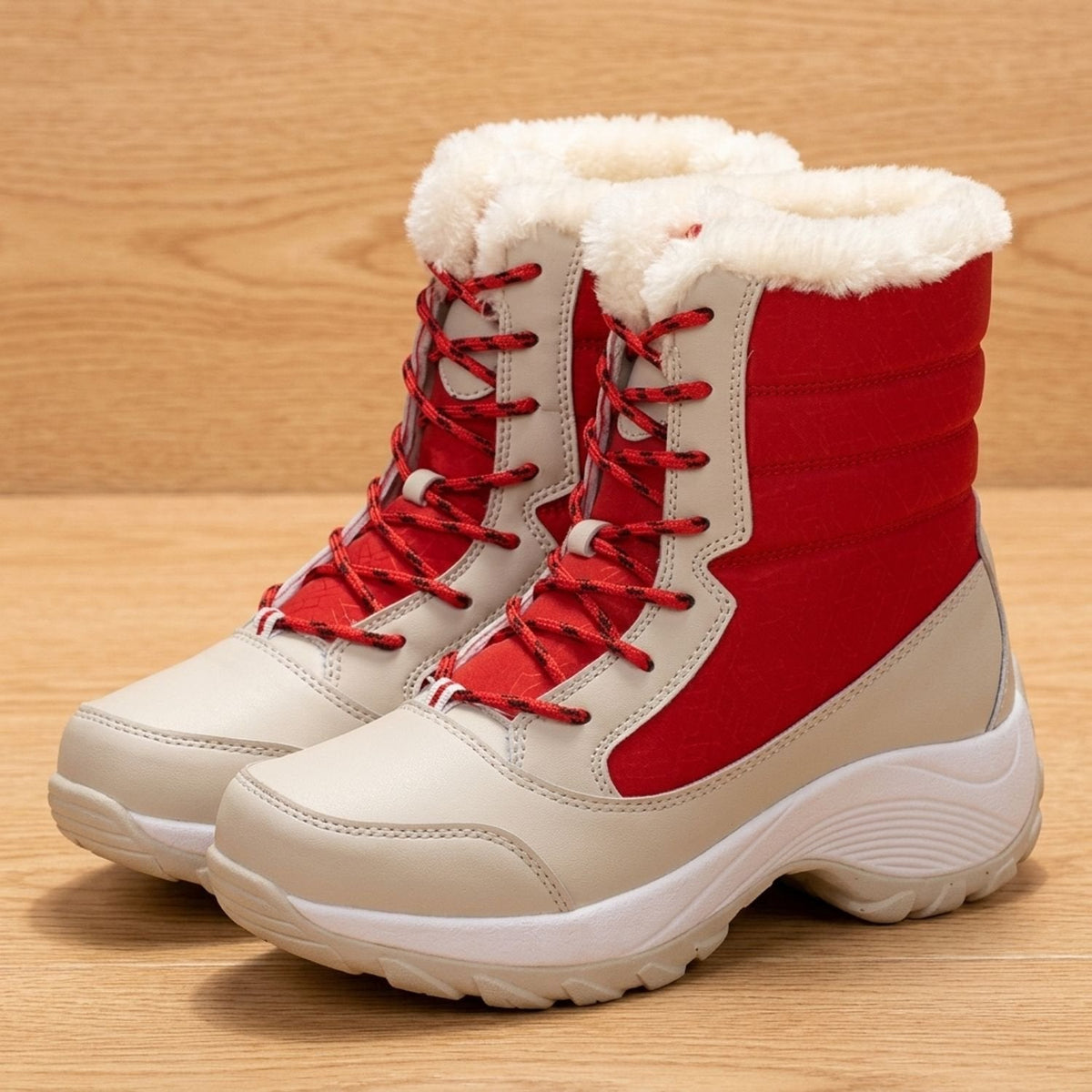 Women's Mid-Calf Lace-Up Winter Boots with Faux Fur Collar - Red