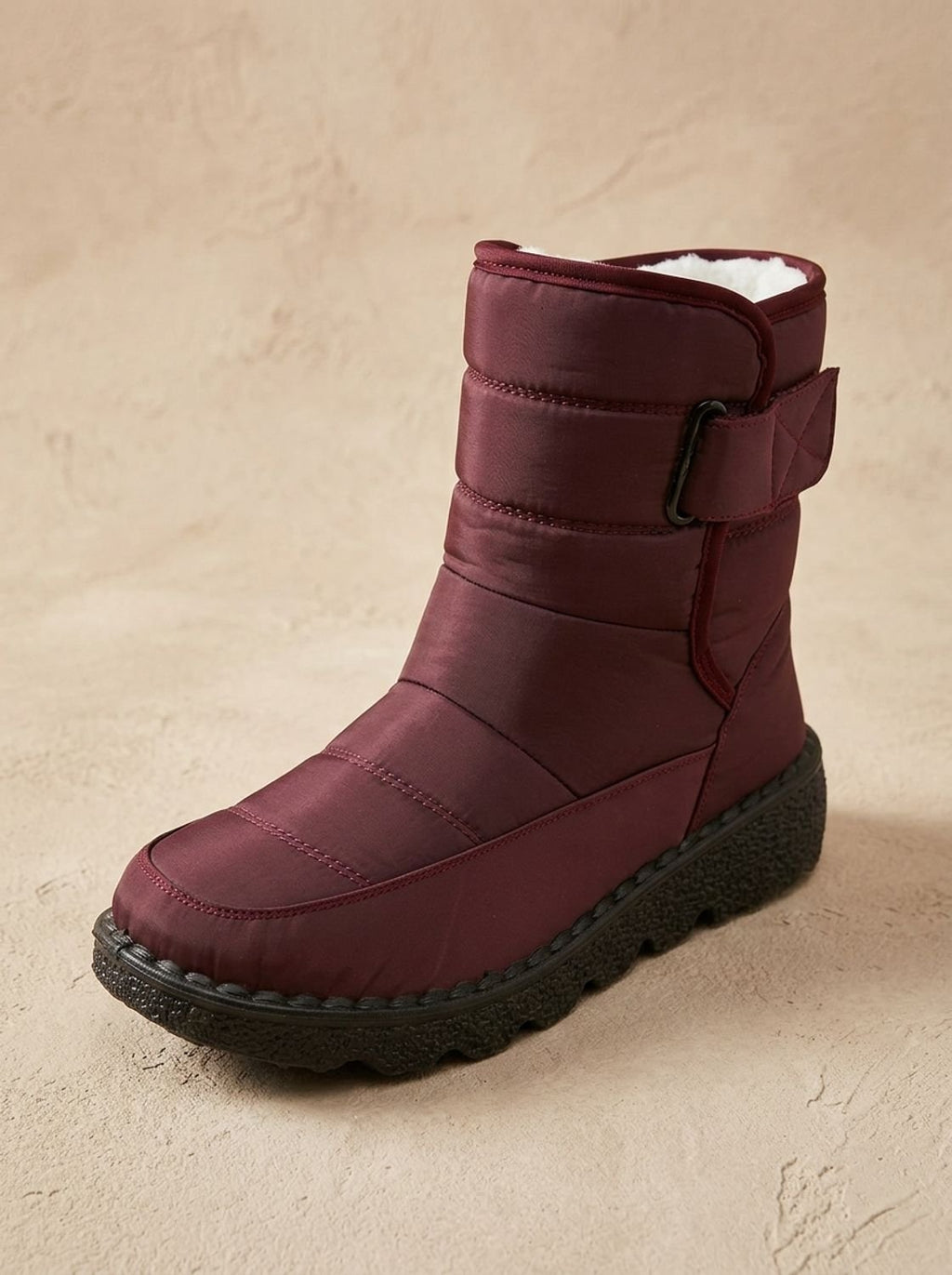 Women's Deep-Tread Nylon Winter Boots with Fleece Lining and Buckle - Red