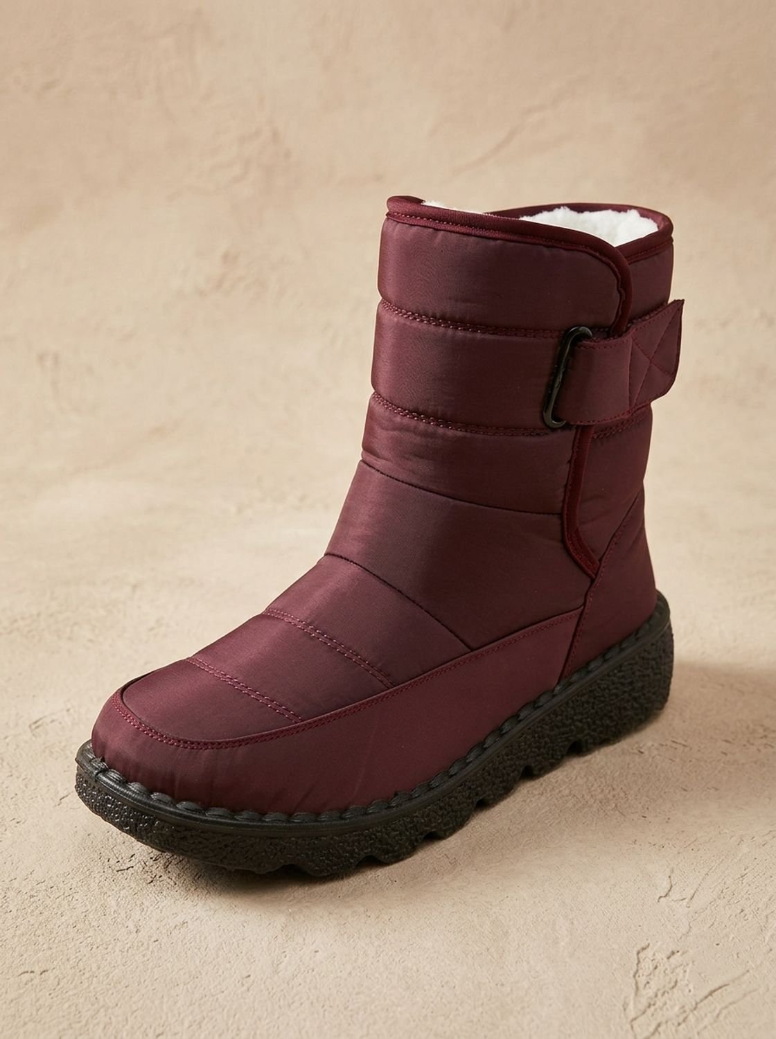 Women's Deep-Tread Nylon Winter Boots with Fleece Lining and Buckle - Red