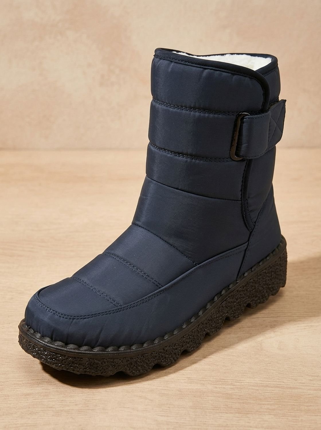 Women's Deep-Tread Nylon Winter Boots with Fleece Lining and Buckle - Dark Blue