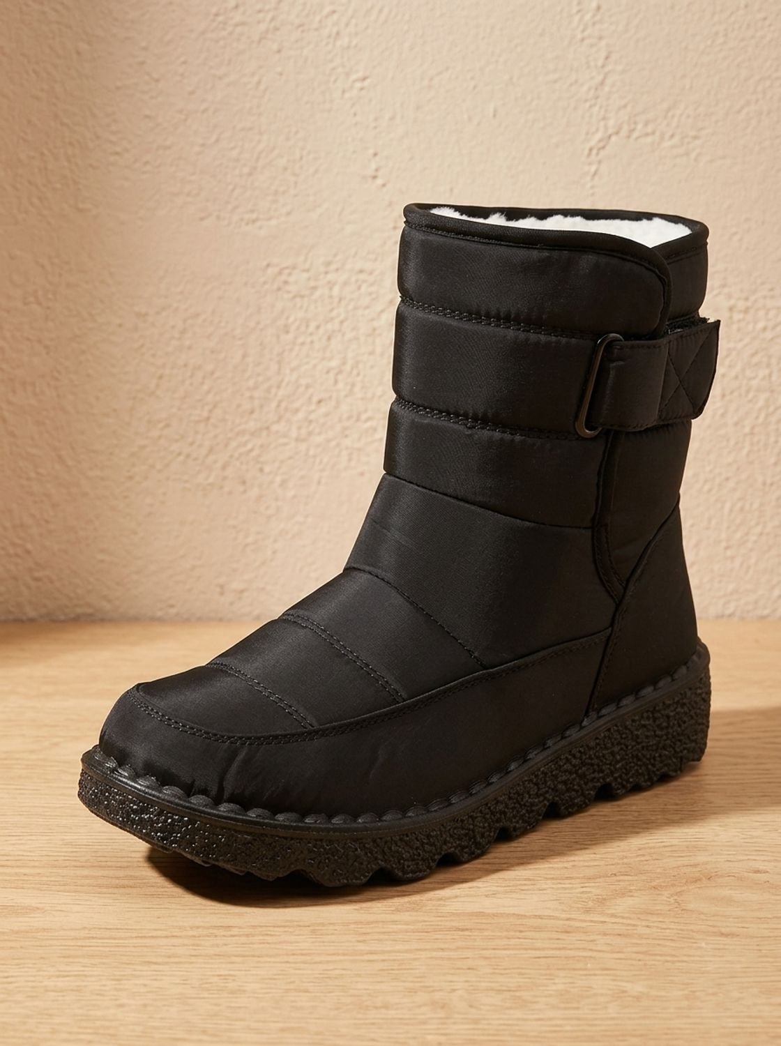 Women's Deep-Tread Nylon Winter Boots with Fleece Lining and Buckle - Black
