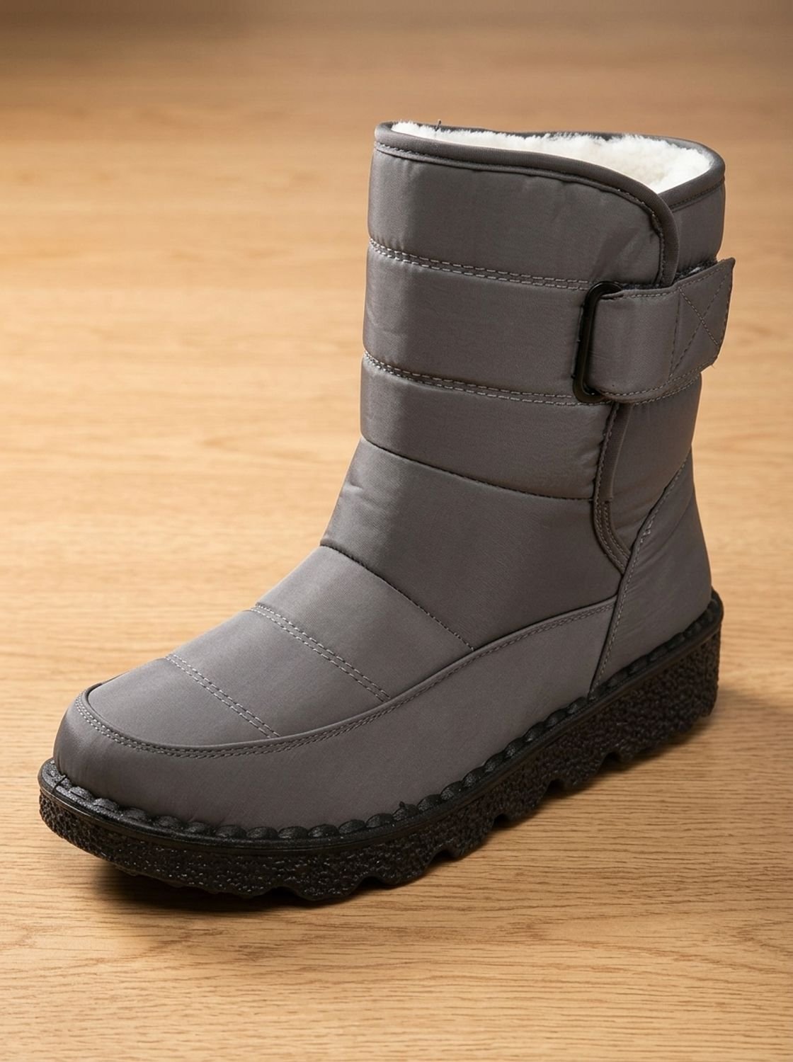 Women's Deep-Tread Nylon Winter Boots with Fleece Lining and Buckle - Grey