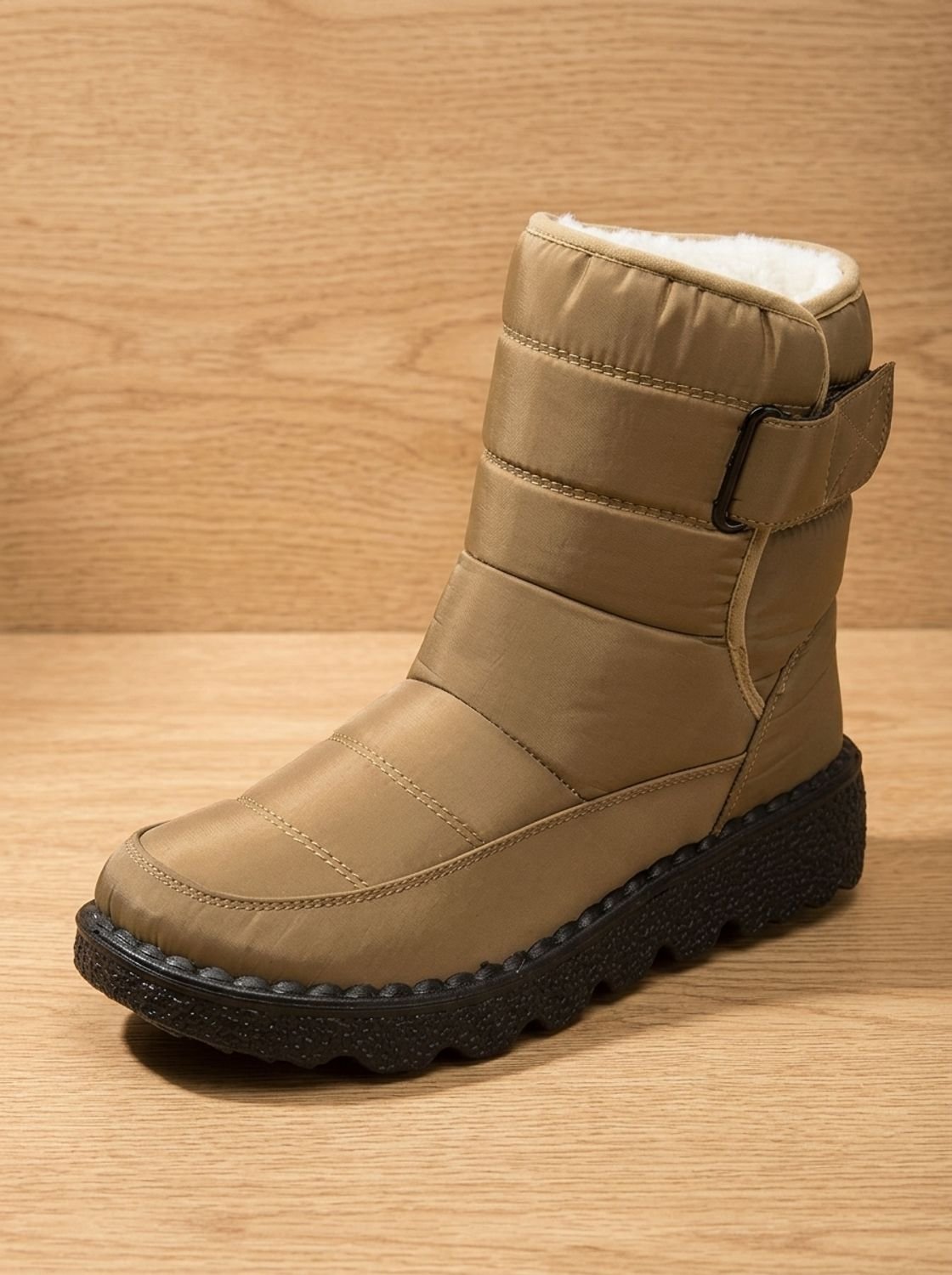 Women's Deep-Tread Nylon Winter Boots with Fleece Lining and Buckle - Khaki