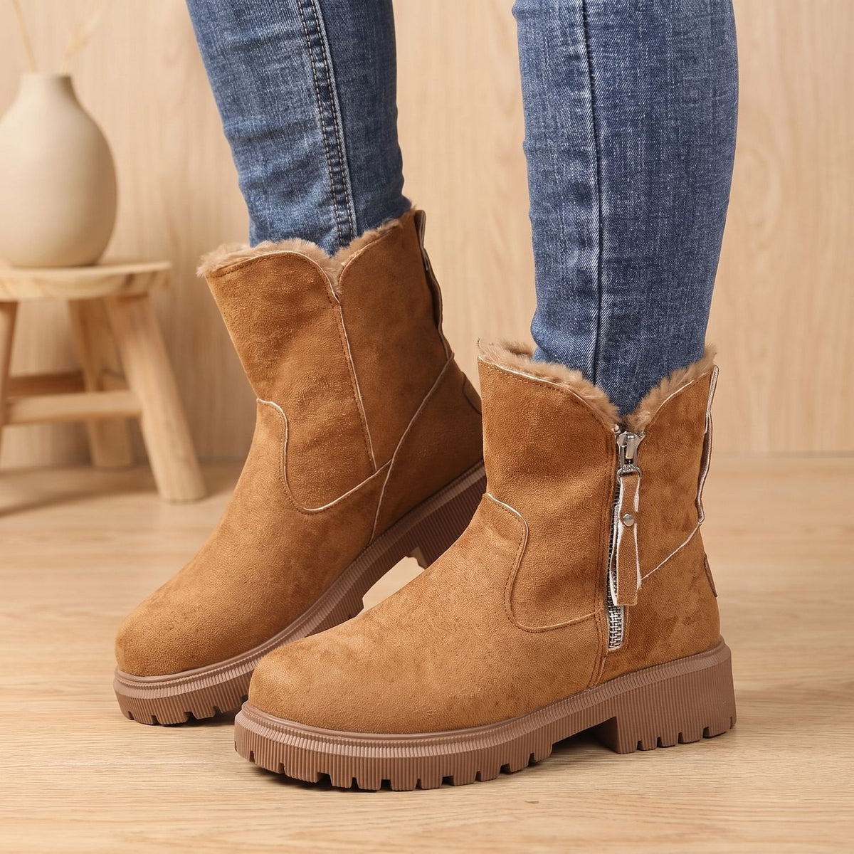 Women's Waterproof Lined Winter Ankle Boots with Removable Insole - Brown