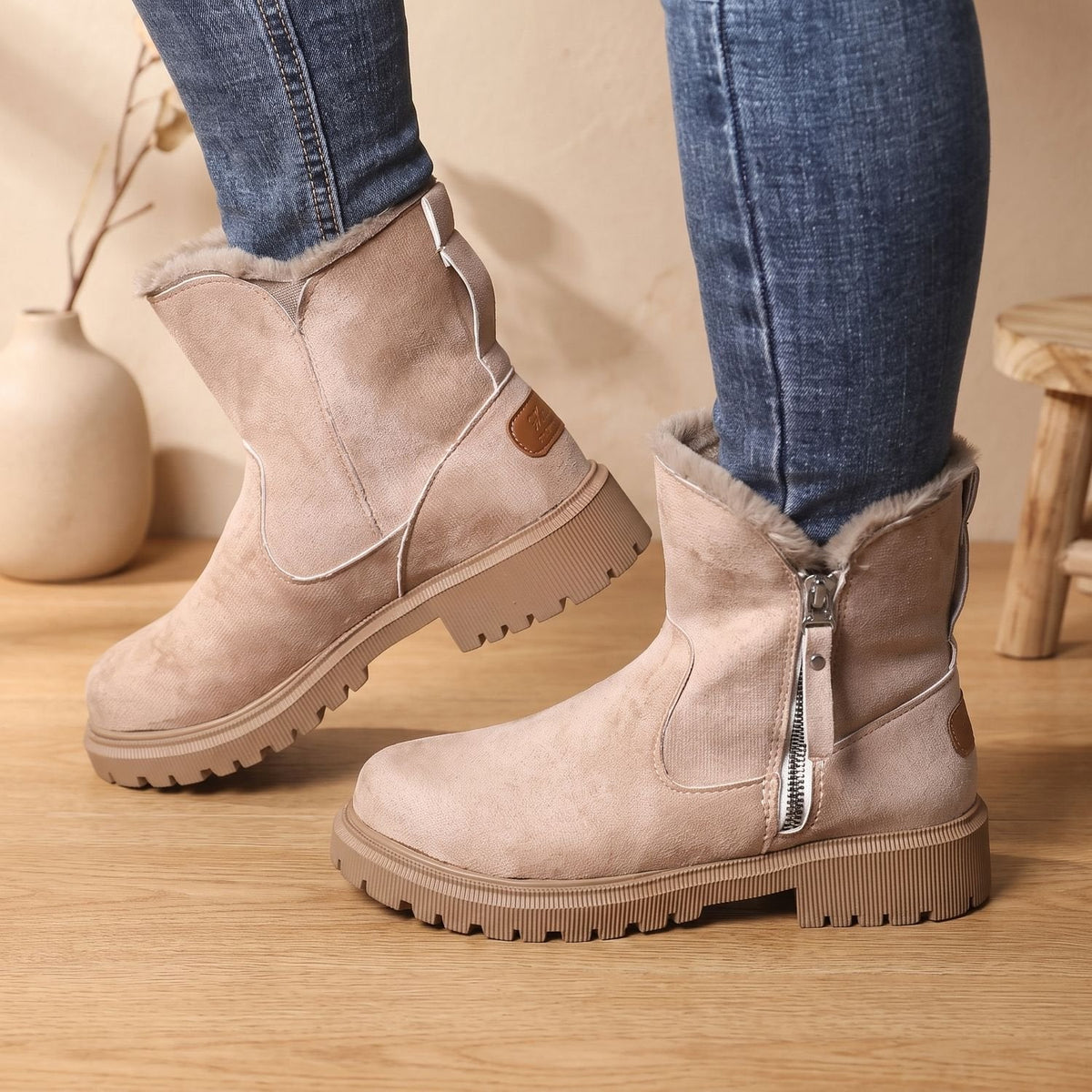 Women's Waterproof Lined Winter Ankle Boots with Removable Insole - Khaki
