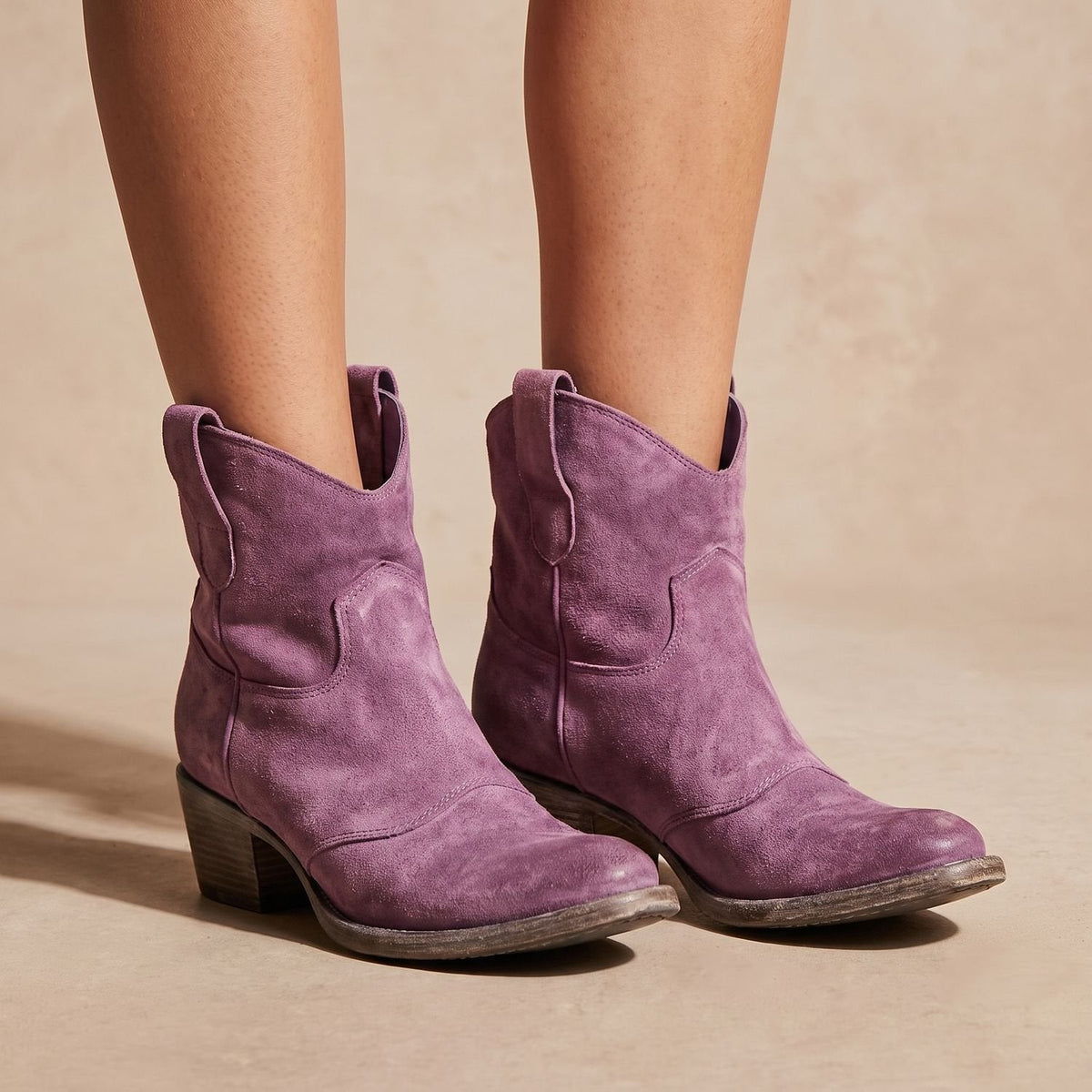 Women's Western Pull-On Short Boots in Suede with Dual Tabs - Pink