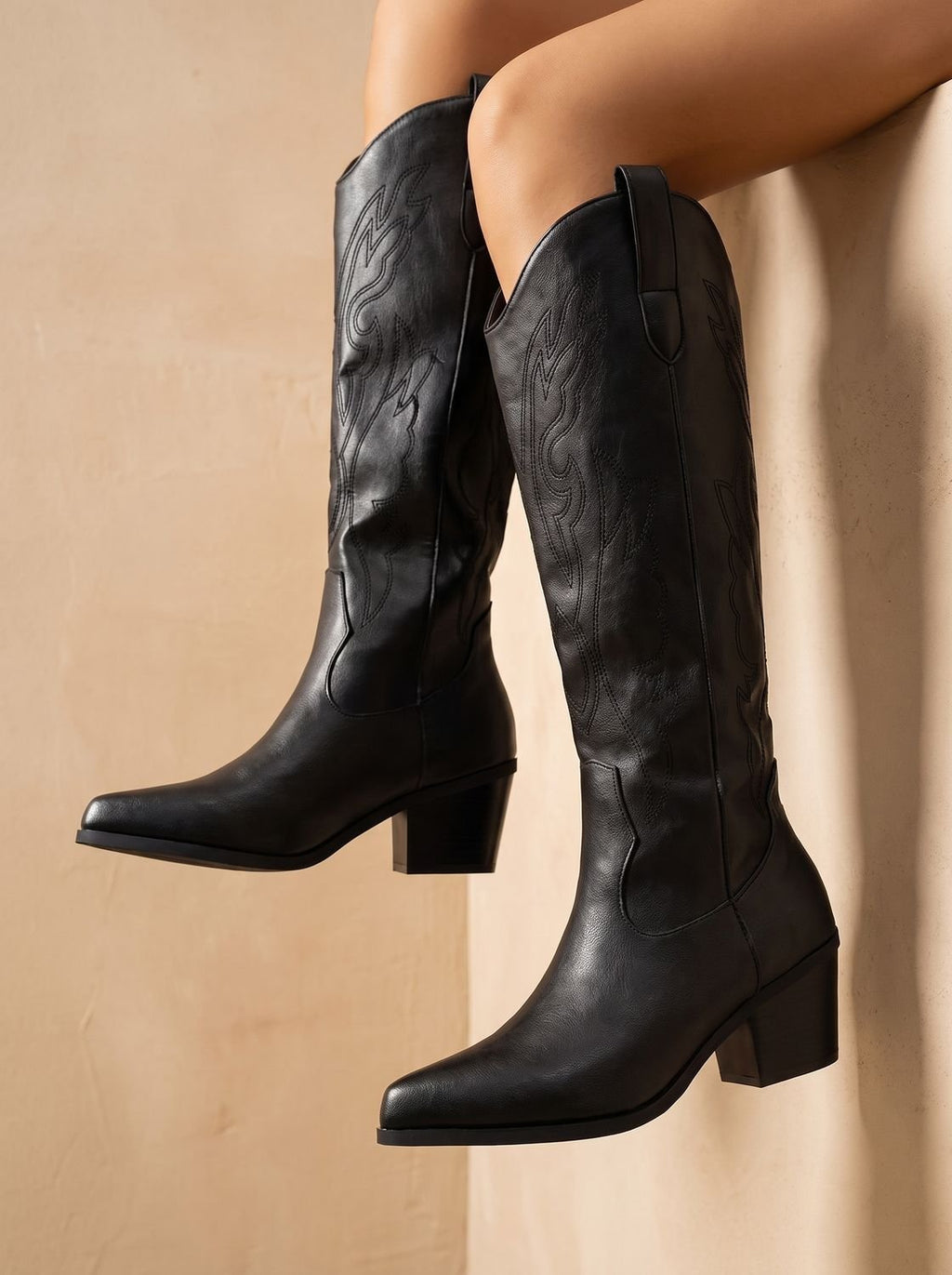 Women's Embroidered Western Knee-High Boots with Wide-Calf Fit - Black