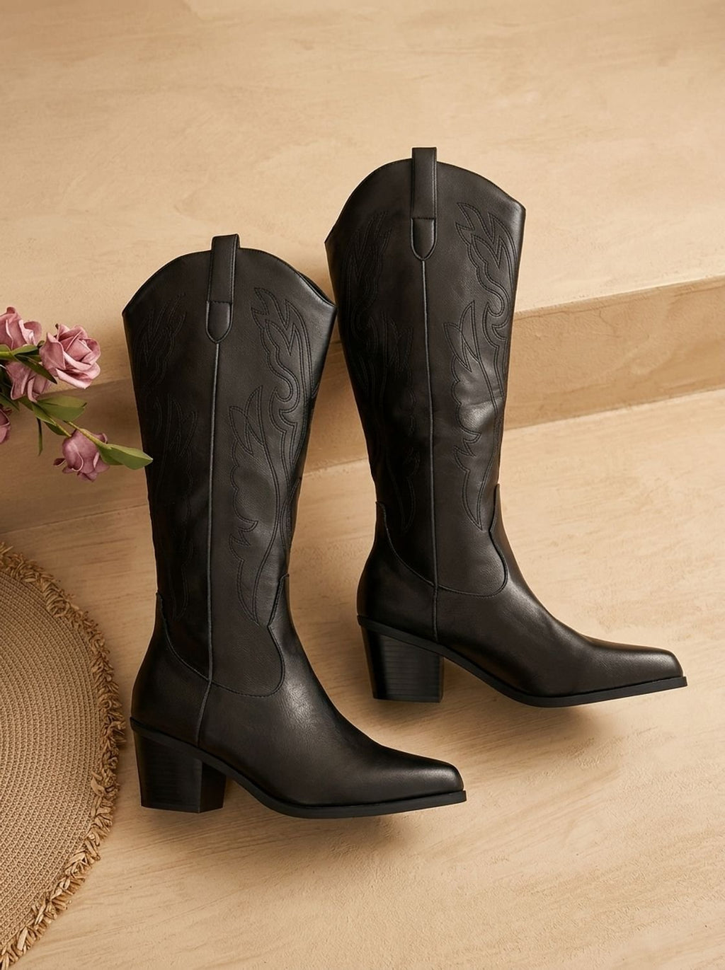 Women's Embroidered Western Knee-High Boots with Wide-Calf Fit