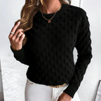 Women's Ribbed-Trim Crew Neck Jumper with Raised Cable Stitch - Black