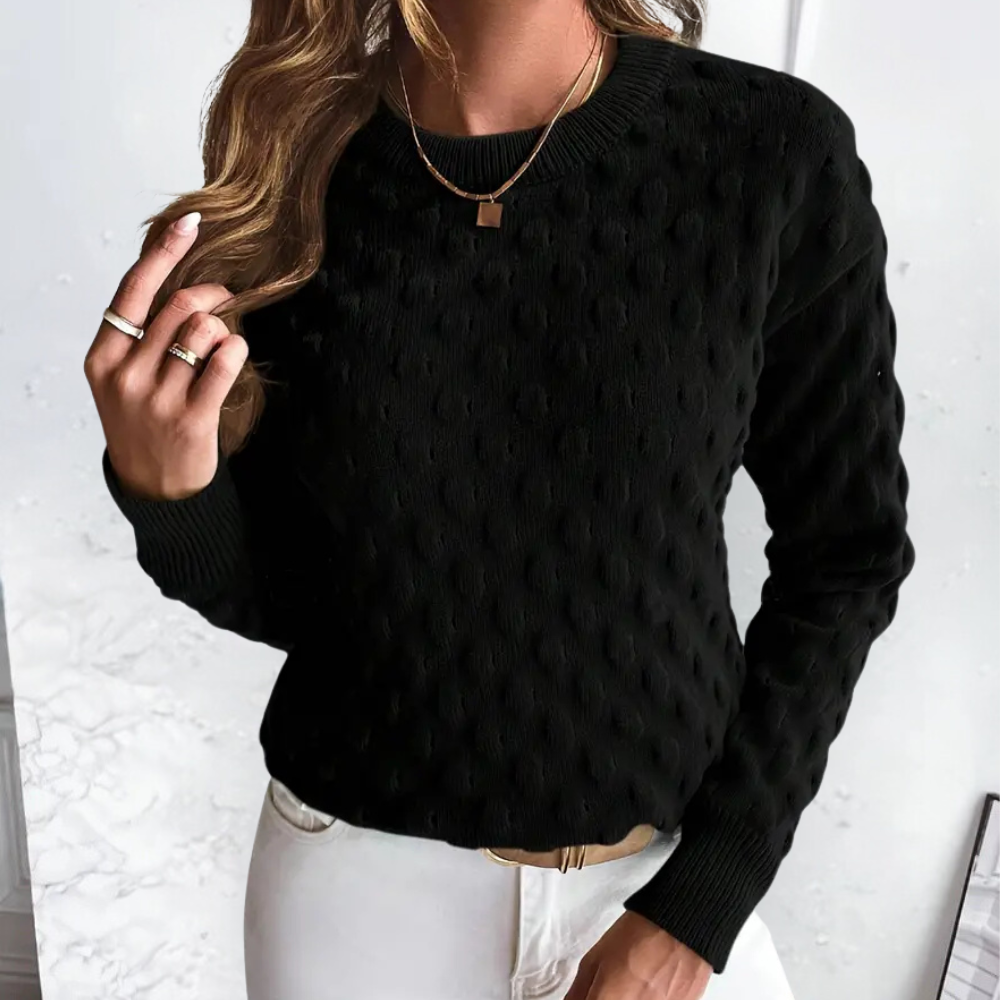 Women's Ribbed-Trim Crew Neck Jumper with Raised Cable Stitch - Black
