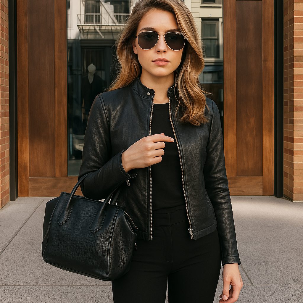 Women's Sleek Long-Sleeve Leather-Look Jacket with Stand-Up Neck - Black
