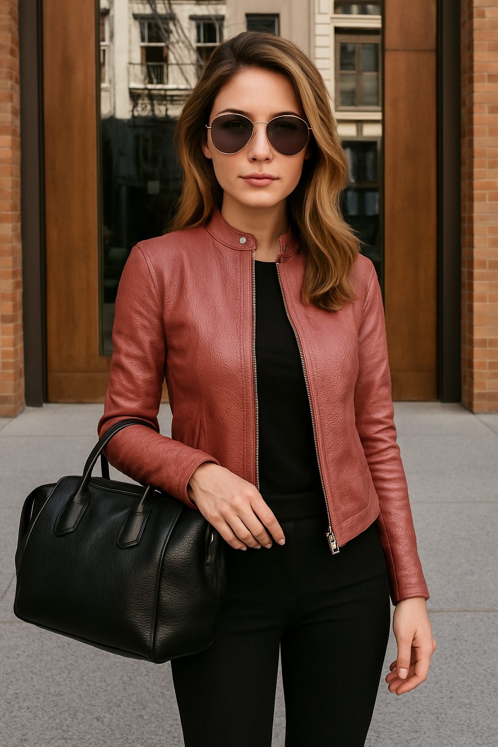 Women's Sleek Long-Sleeve Leather-Look Jacket with Stand-Up Neck - Pink