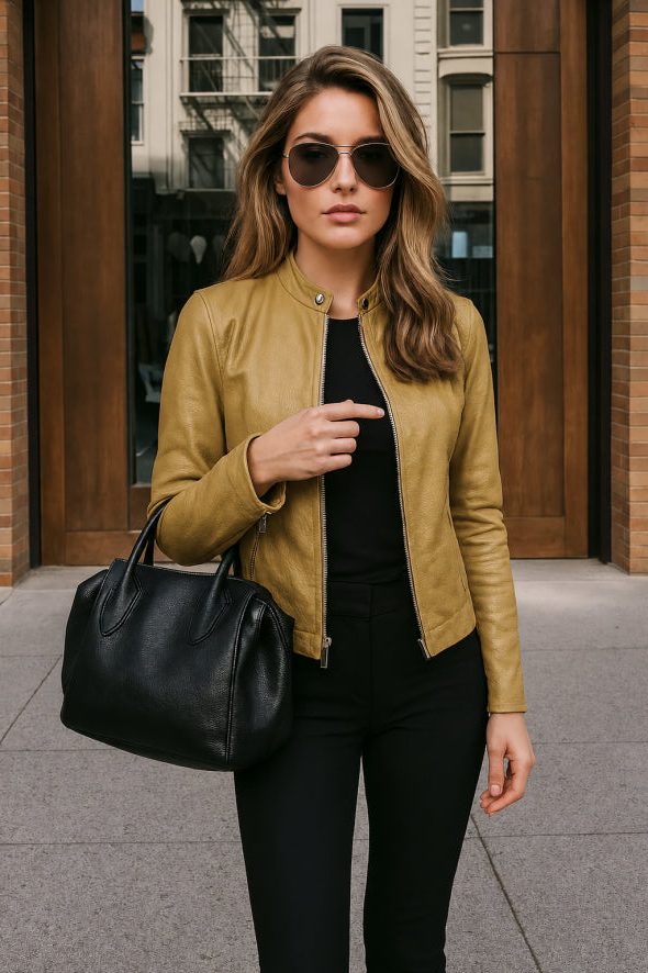 Women's Sleek Long-Sleeve Leather-Look Jacket with Stand-Up Neck - Yellow