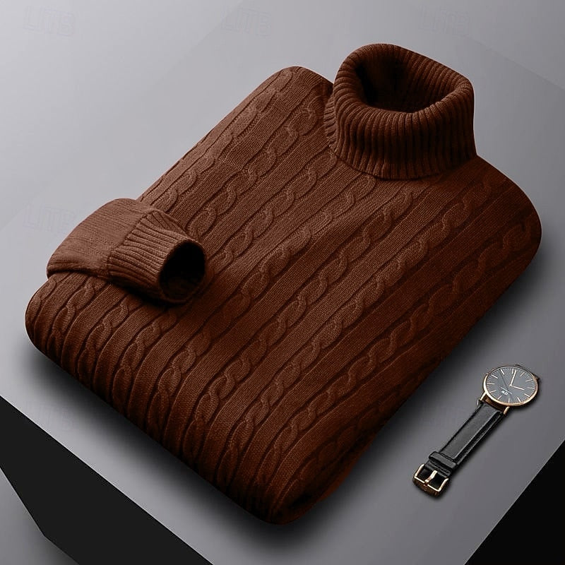 Men's Warm Stretch-Knit Cable Roll Neck for Office and Weekend - Coffee