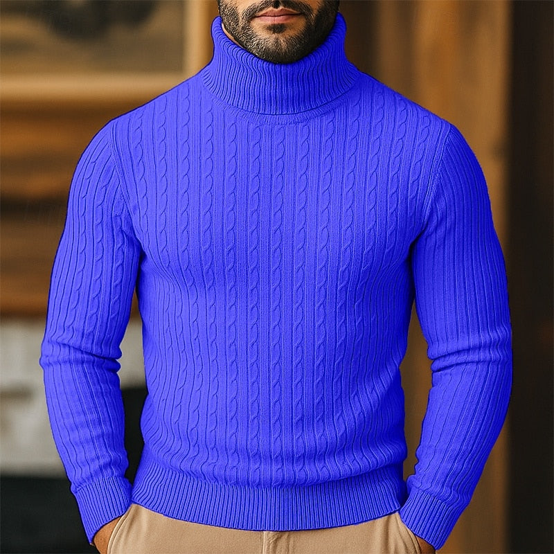 Men's Close-Cut Twisted Cable Roll Neck Jumper - Royal Blue