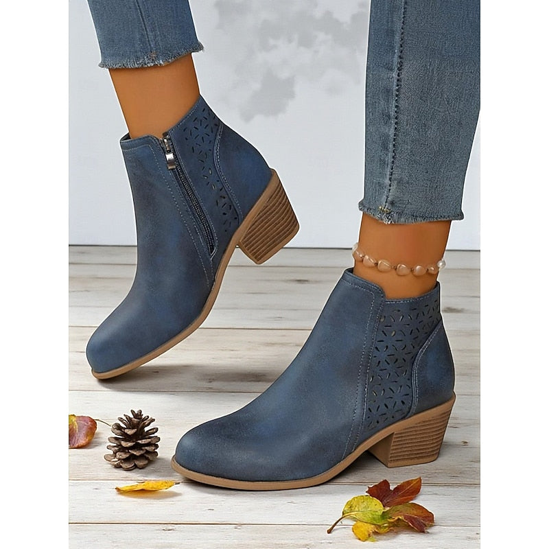 Women's Classic Cutout Ankle Boots with Easy Side Zip - Blue