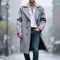 Men's Long Double-Breasted Lapel Coat in a Structured Cut - Light Grey